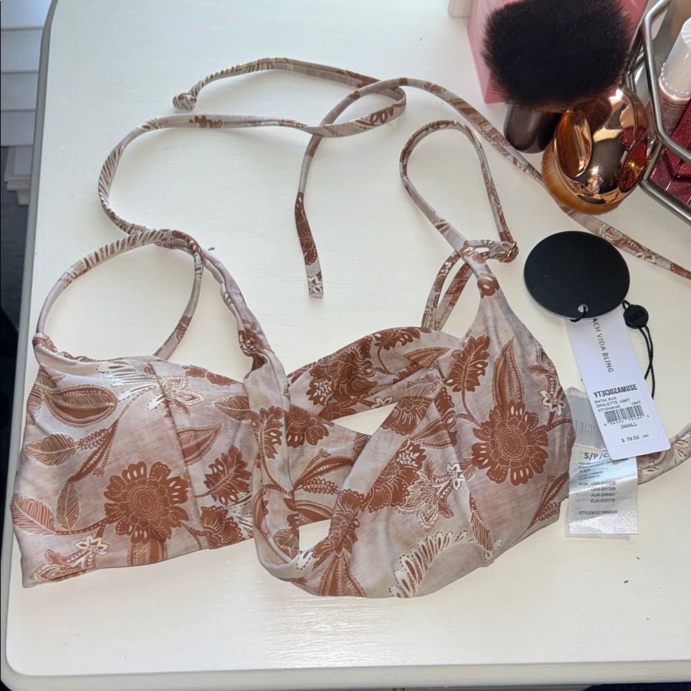 Amuse Society Brown Floral Cutout Bikini Top